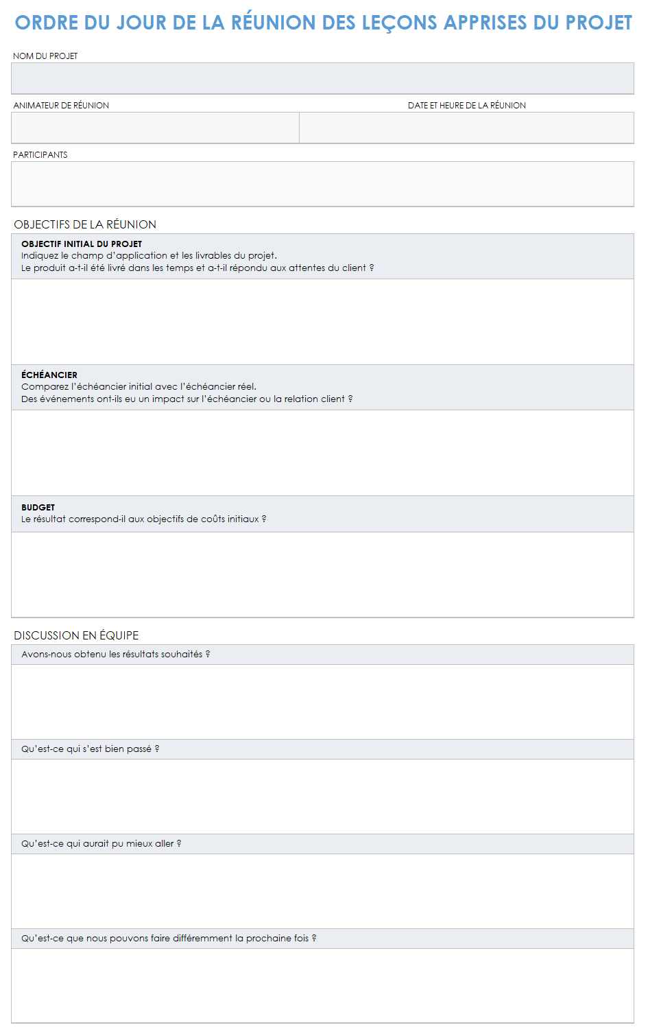 Ordre du jour de la réunion sur les leçons apprises du projet