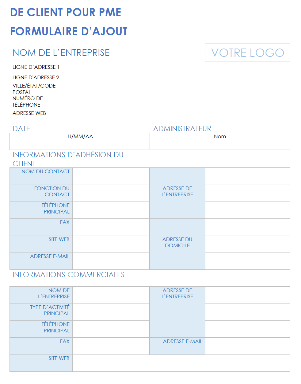 Formulaire d'admission des clients des petites entreprises