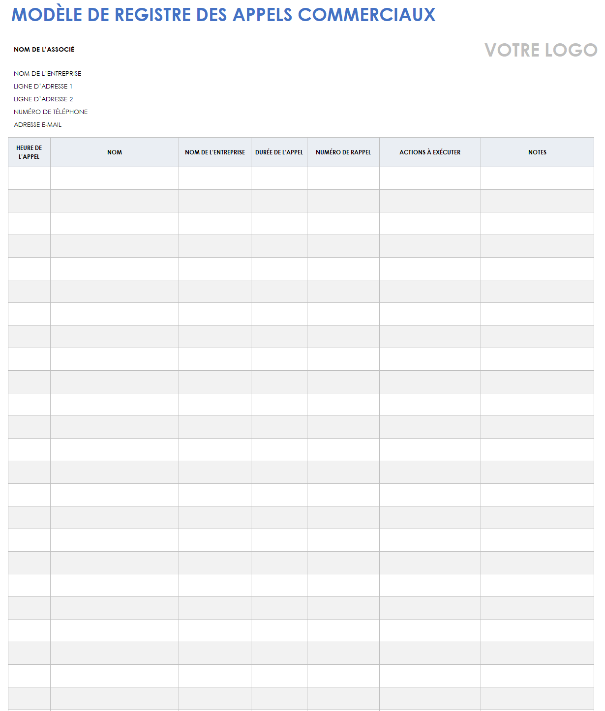 Modèle de journal d'appels commerciaux