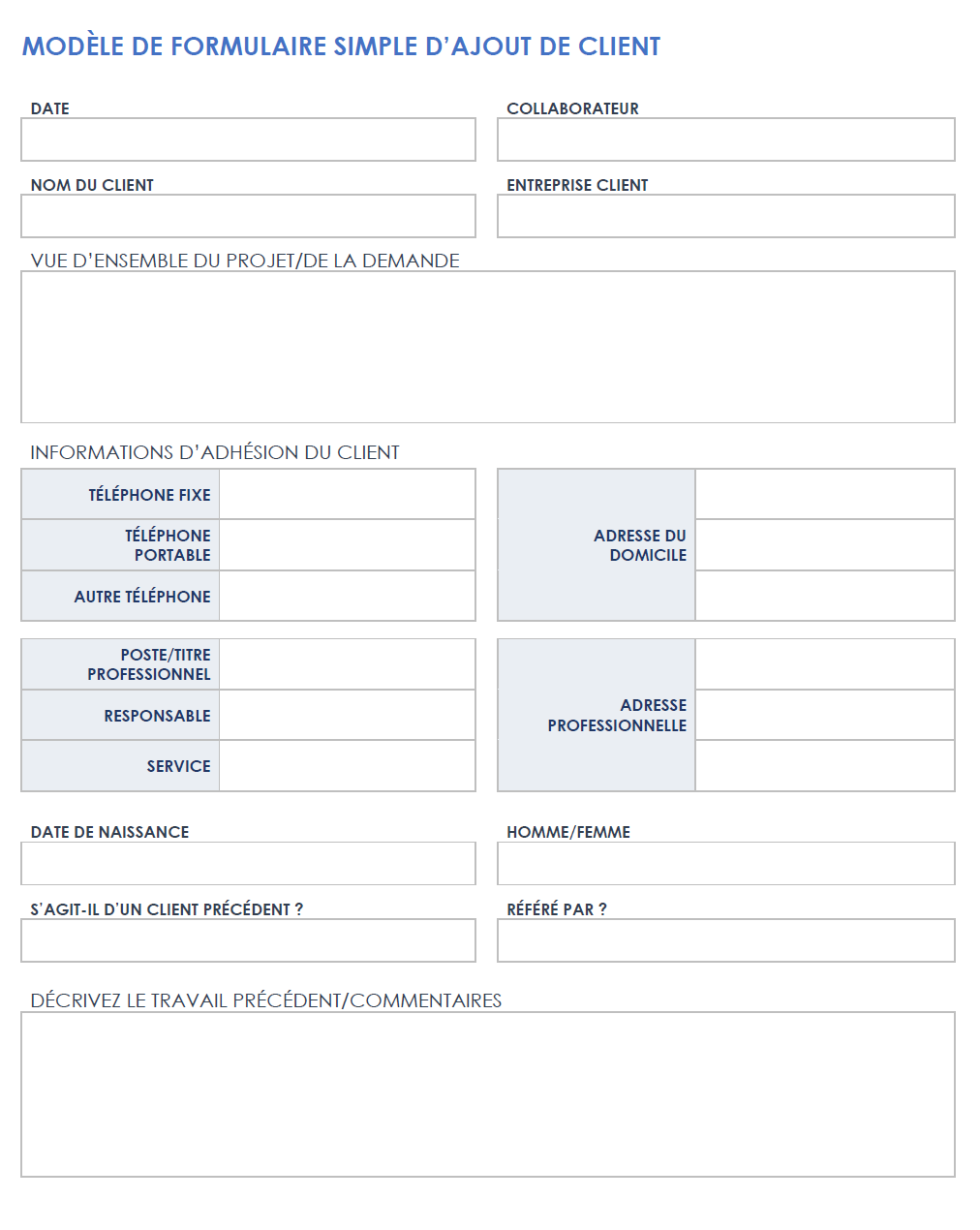 Formulaire d'admission client simple