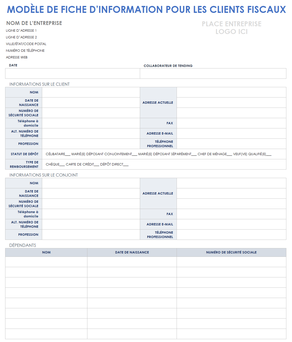 Fiche d'information du client fiscal