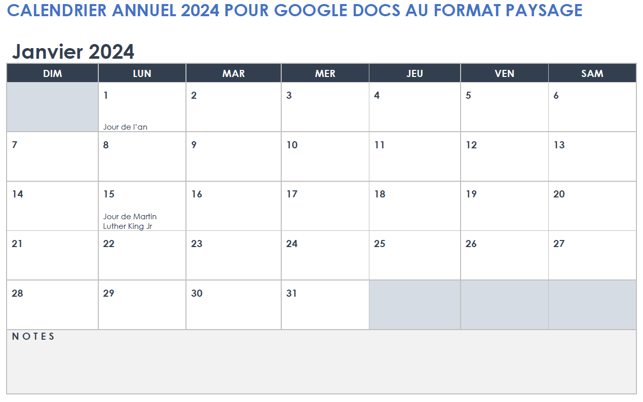  Modèle de paysage de calendrier annuel Google Doc 2024