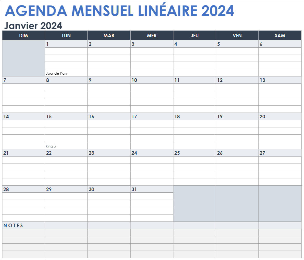  Modèle de feuilles Google de calendrier ligné mensuel 2024