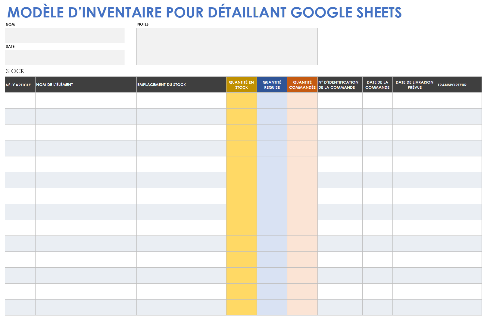 Modèle d'inventaire de détail de Google Sheets