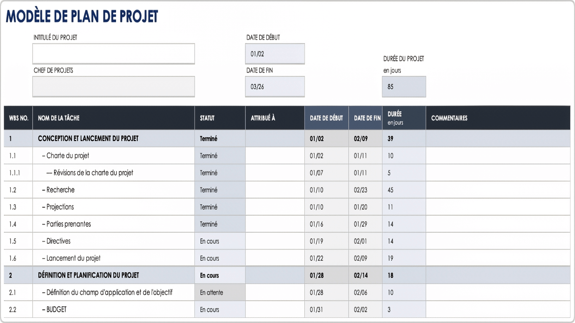  modèle de plan de projet Excel