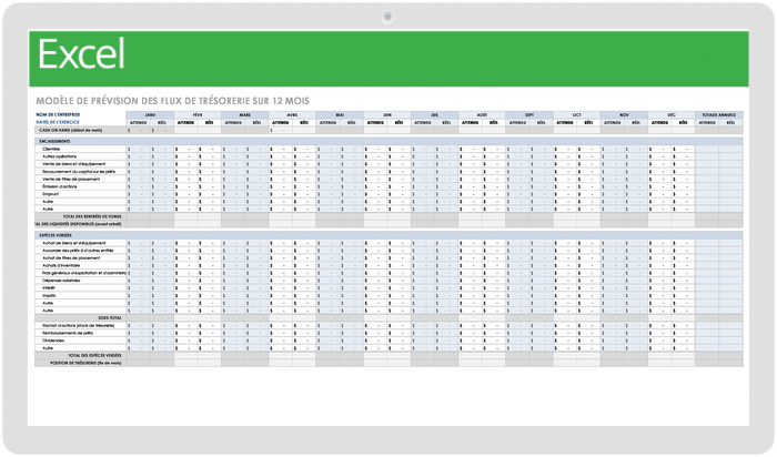 PRÉVISIONS DE TRÉSORERIE SUR 12 MOIS