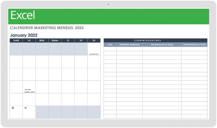 Modèle de calendrier marketing mensuel 2022