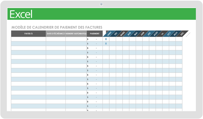 Modèle de calendrier de paiement des factures