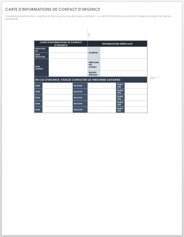 Carte d'informations de contact d'urgence