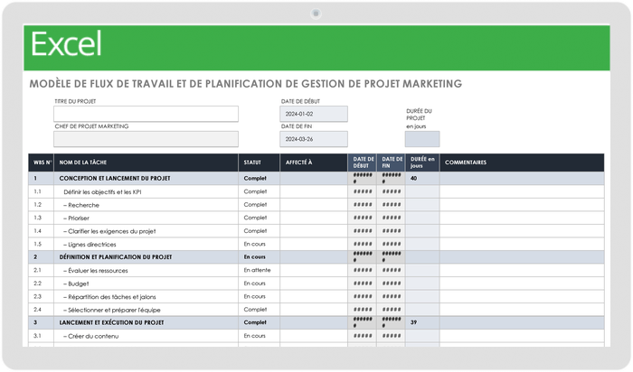 Flux de travail et calendrier de gestion de projet marketing