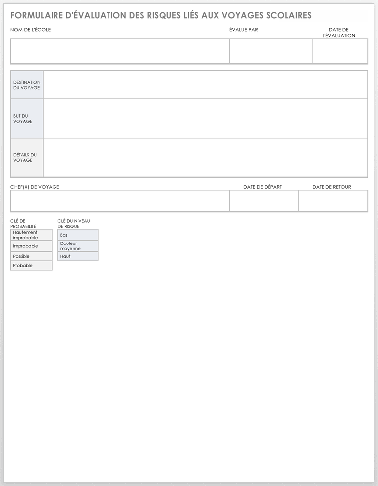Formulaire d'évaluation des risques liés aux voyages scolaires