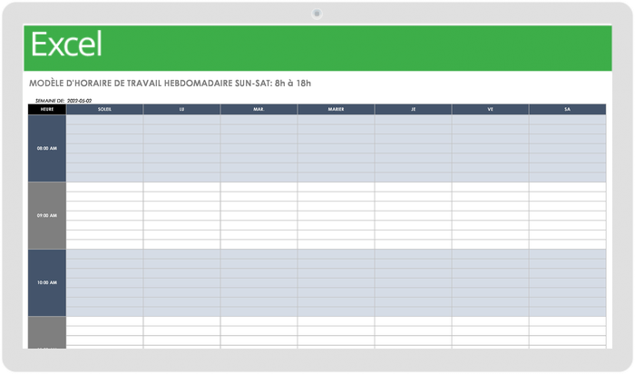 Modèle d'horaire de travail hebdomadaire du dimanche au samedi de 20h à 18h