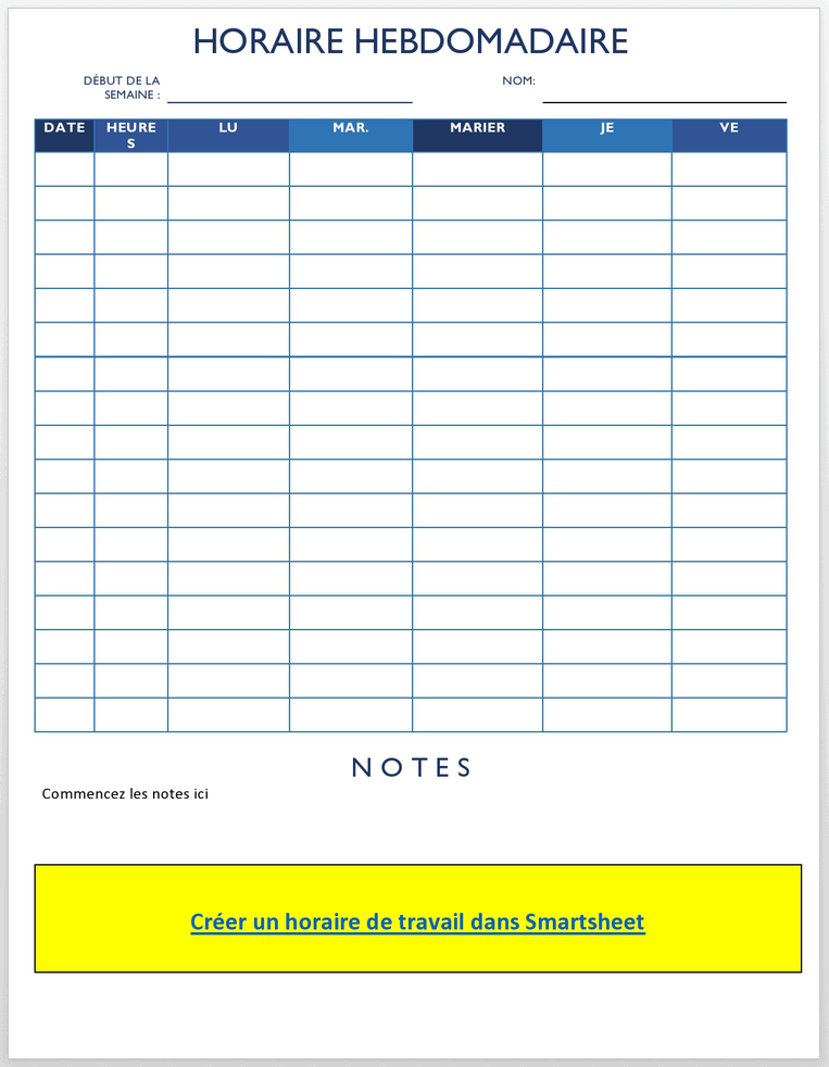 Horaire de travail temporaire 5 jours avec notes - Word